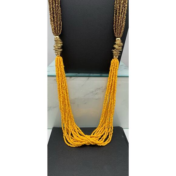 Vintage 14 Multi Strand Yellow & Gold Seed Bead Necklace W Gold Tone Stations - Picture 2 of 6